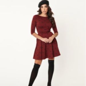 Burgundy and Black Cats Stephanie Dress | Unique Vintage | New with Tags